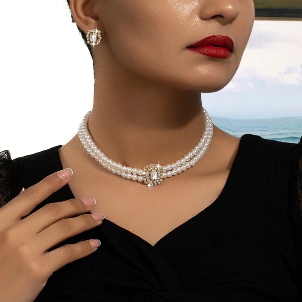1 Set Double Layers Imitation Faux Pearl & Geometric Full Of Rhinestone Design